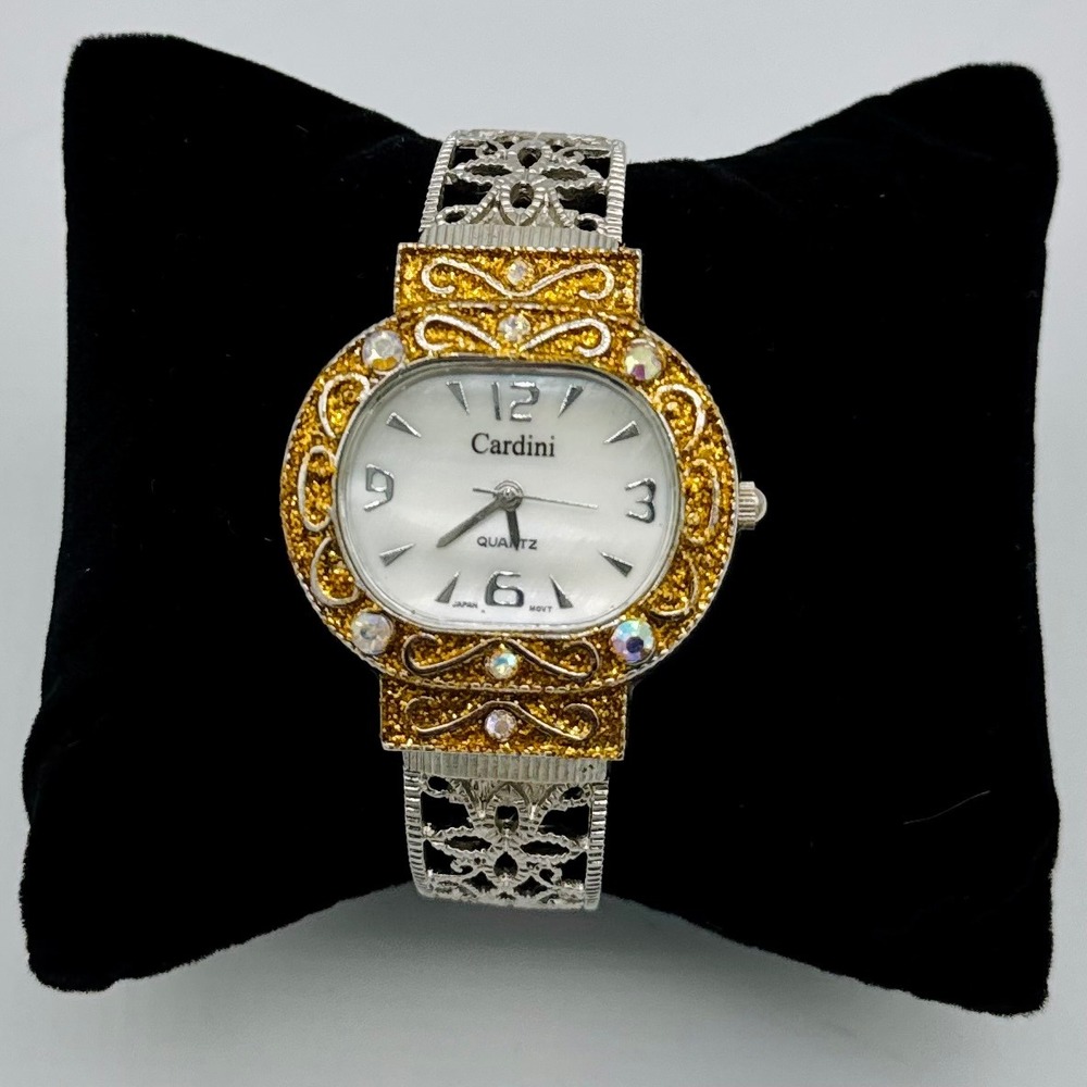 Cardini Two Tone Watch Crystal Gold Silver Filigree‎ Bangle Coquette Statement
